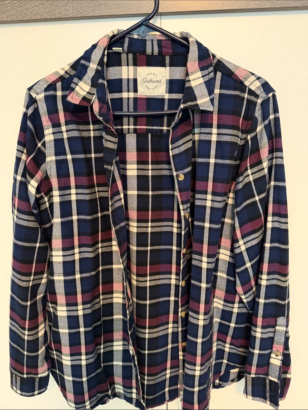 JACHS Girlfriend Navy Plaid Button-Down Shirt with Pink and Cream Stripes